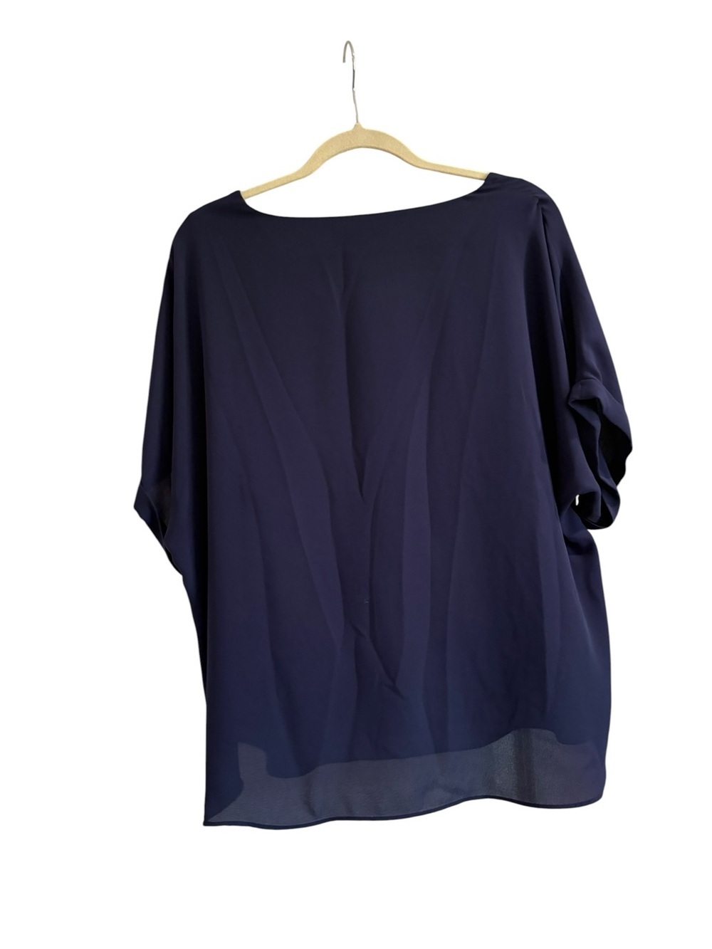 Lilly Pulitzer Navy Blue Silk-Look Blouse Top Women’s Large V-Neck Roll Tab - Picture 2 of 3